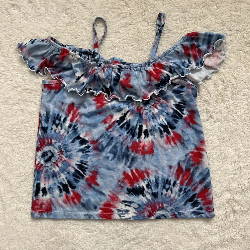 The Childrens Place Tie Dye Knit Ruffle Cold Shoulder Casual Top‎ Size XL 14
